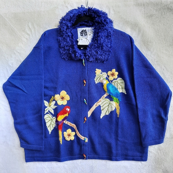 NWT Storybook 3D Knit Sweater Cardigan Coblat Blue 3XL Parrot Bird Tropical - Picture 1 of 14